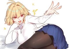 arcueid_brunestud ass big_butt blonde_hair blue_skirt blush breasts ebora female flaunting highres huge_ass large_breasts long_sleeves looking_at_viewer melty_blood pantyhose presenting presenting_hindquarters red_eyes short_hair skirt smile solo sweater tsukihime vampire_girl white_sweater youngmanisdown