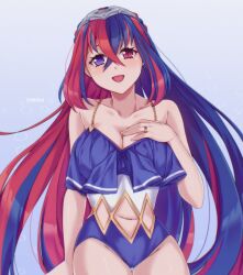 alear_(female)_(fire_emblem) alear_(fire_emblem) blue_one-piece_swimsuit blue_swimsuit breasts female female_only fire_emblem fire_emblem_engage looking_at_viewer nintendo one-piece_swimsuit open_mouth solo swimsuit symoca