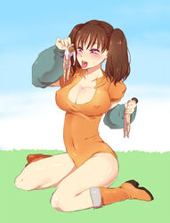 2boys bangs blush boots breasts brown_hair cleavage covered_navel diane_(nanatsu_no_taizai) erect_nipples female giantess holding large_breasts leotard long_hair multiple_boys nanatsu_no_taizai open_mouth purple_eyes saliva sitting tied_hair tongue tongue_out twintails ur_ar vore wariza