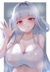 1girls azur_lane blush bra breasts cleavage eyebrows_visible_through_hair female female_only huge_breasts licking_lips marseillaise_(azur_lane) marseillaise_(fighting_angel's_regimen)_(azur_lane) red_eyes solo sports_bra sweat sweaty_bra takkho123 vichya_dominion_(azur_lane) white_bra white_hair