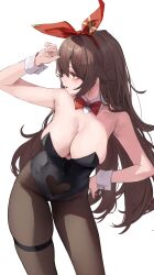 alternate_costume amber_(genshin_impact) arm_up armpits bare_arms bare_chest bare_shoulders bare_skin black_bunnygirl_costume black_bunnysuit black_legwear black_leotard black_pantyhose blush bow bowtie breasts brown_eyebrows brown_hair brown_hair_female brown_pantyhose cleavage clothing_cutout collar crotch_zipper detached_collar elbows exposed exposed_armpits exposed_arms exposed_shoulders female genshin_impact groin hair_between_eyes hair_ribbon hairband hand_on_hip hand_on_own_head hand_on_own_hip hand_on_own_hiphand_on_head heart_cutout hiki_niito hiki_nito hikinito_(leviathan) large_breasts leaning_forward legwear leotard leviathan_(hikinito0902) long_hair looking_to_the_side open_mouth pantyhose playboy_bunny red_bow red_bowtie red_hair_ribbon red_hairband red_ribbon ribbon slender_body slender_waist slim_girl slim_waist solo strapless strapless_leotard thigh_strap thighband_pantyhose thin_waist traditional_bowtie upper_teeth v-line white_collar white_wrist_cuffs wrist_cuffs yellow_eyes yellow_eyes_female zipper