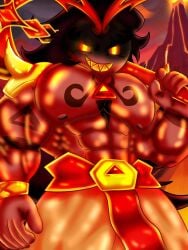 abs armor axe baggy_pants big_muscles big_pecs black_hair body_hair bracelet burning_spice_cookie cookie cookie_run cookie_run_kingdom face_shadow gachabuddies gem long_hair looking_at_viewer male male_only muscular muscular_male nipples pecs red_body red_eyes sharp_teeth smiling solo tattoo topless topless_male