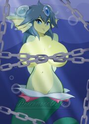 1girl areola_slip areolae arms_behind_back artist_name blue_eyes blue_hair breasts bubble chains closed_mouth convenient_censoring female giantess giga_mermaid green_areola green_skin huge_breasts long_hair mermaid navel pheromonequeen shantae smile solo topless underwater water