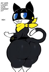 ai_generated anthro ass atlus bandana belt big_butt black_body black_fur blue_eyes bubble_butt clothing domestic_cat felid feline felis female femboy fur hellsonger hi_res huge_butt kerchief looking_at_viewer looking_back mammal markings mask megami_tensei megami_tensei_persona morgana_(persona) simple_background smile solo tail_markings text thick_thighs white_background white_body white_fur wide_hips