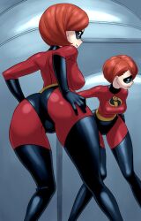 ass bodysuit costume elastigirl female from_behind gloves helen's_ass_check helen_parr jinroku latex latex_gloves mask mature_female mirror photoshop_(medium) red_eyes red_hair reflection short_hair skin_tight solo the_incredibles thighhighs wide_hips