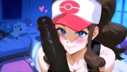 1boy 1girls ai_generated dark-skinned_male female gintoai hat hilda_(pokemon) huge_balls huge_cock interracial penis_on_face pokemon pov smile uncensored