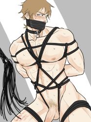 arms_behind_back blonde_hair blue_eyes blush bondage breasts collar gag gagged golden_kamuy muscular muscular_male naked naked_male restrained rope rope_bondage vasily_(golden_kamuy) vasily_pavlichenko whip yaoi