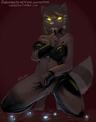 2015 anthro braided_hair breasts female glowing glowing_eyes hair lapinstein licking mammal nipples open_mouth pussy raccoon solo tongue tongue_out yellow_eyes