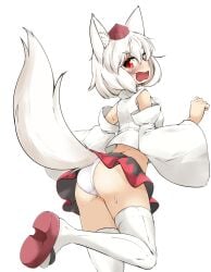 animal_ear_fluff animal_ears ass blush detached_sleeves embarrassed female from_behind hat highres inubashiri_momiji looking_at_viewer mepikari miniskirt momiji_inubashiri okobo open_mouth panties pantyshot pom_pom_(clothes) red_eyes sandals short_hair skirt solo sweatdrop tail tail_under_clothes tearing_up thighhighs tokin_hat touhou underwear wavy_mouth white_background white_hair white_thighhighs wolf_ears wolf_girl wolf_tail