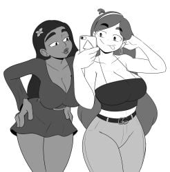 2girls big_ass big_breasts breasts cleavage clothed crossover disney earrings encanto female female_only gravity_falls hair_flower hair_ornament hairband hoop_earrings isabela_madrigal klassyarts_(artist) large_hair long_hair mabel_pines monochrome phone photo selfie sexy_outfit standing thick_thighs tongue_out white_background