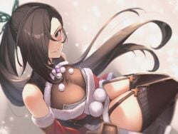 1girls alternate_costume black_hair breasts brown_eyes butterfly_hair_ornament cleavage commission elbow_gloves eyelashes female female female_only fire_emblem fire_emblem_fates fire_emblem_heroes garter_straps gloves grey_thighhighs hair_ornament hair_over_one_eye highres kagero_(fire_emblem) kagero_(resplendent)_(fire_emblem) large_breasts long_hair nintendo pom_pom_(clothes) ponytail ribbed_thighhighs sassakntm see-through see-through_cleavage sitting solo thighhighs