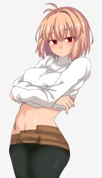 arcueid_brunestud bandage belly blonde_hair blush breasts clothes_lift duct_tape highres huge_breasts looking_at_viewer maz_515 melty_blood no_bra panties pantyhose red_eyes short_hair solo stripping sweat sweater sweater_lift tape tsukihime tummy turtleneck type-moon underboob undressing