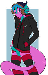 anthro arcturus. blue_eyes clothing dragon erection fuscus girly hoodie legwear looking_at_viewer male male_focus penis quake solo stockings tails_(disambiguation) thigh_highs