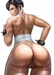 1girls absurd_res ass ass_focus black_hair blimaxxx brown_eyes chun-li hair_bun hi_res looking_at_viewer looking_back patreon_username pussy simple_background street_fighter sweat url white_background