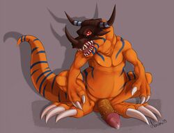 1boy 2015 bandai barbs ceratosaur ceratosaurid ceratosaurus claws digimon dinosaur feral greymon horn male male_only mask muscles naoma-hiru open_mouth pecs penis precum red_eyes scalie shaded sharp_teeth signature snarling solo teeth uncut