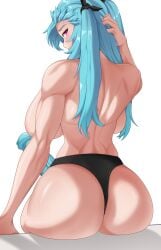 1futa 1girls abirdeer absurdres akeno_(itsnafulol) animal_penis ass back back_view backboob blue_hair blush breasts bubble_butt clothed clothing dat_ass female futa_only futanari highres horse_penis horsecock horsecock_futanari huge_ass huge_breasts human_with_animal_genitalia human_with_horsecock humanoid light-skinned_futanari light_skin looking_at_viewer looking_back mostly_nude muscular muscular_arms muscular_back muscular_female muscular_futanari pink_eyes sideboob sitting solo standing thong topless twintails