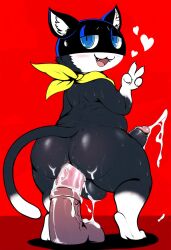 abdominal_bulge ai_generated anal anal_masturbation anal_sex animal_dildo animal_sex_toy anthro anus ass atlus backsack balls bandana big_butt black_body black_fur blue_eyes blush bodily_fluids crouching cum cum_while_penetrated dildo dildo_in_ass dildo_insertion dildo_sitting domestic_cat ejaculation equine_dildo erection felid feline felis femboy fur gay gay_anal genital_fluids genitals gesture heart hellsonger hi_res humanoid_genitalia humanoid_penis kerchief looking_at_viewer looking_back male male_penetrated mammal markings mask masturbation megami_tensei megami_tensei_persona morgana_(persona) nude open_mouth penetration penis raised_tail red_background sex_toy sex_toy_insertion simple_background smile solo sweat tail_markings teapot_(body_type) tongue toying_self v_sign white_body white_fur