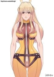 black_eyes blonde_hair bodysuit breasts censored censored_pussy erect_nipples erection_under_clothes exposed_pussy hips hourglass_figure long_hair sakaki-ginko sentai_daishikkaku suzukiri_yumeko thick_thighs unzipped_bodysuit yellow_hair