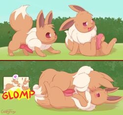 absurd_res animal_genitalia animal_penis balls blush blush_lines bodily_fluids brown_body brown_fur canine_genitalia canine_penis closed_eyes comic duo eevee entwined_tails feral fur generation_1_pokemon genital_fluids genitals gooeythings grass hi_res holding_penis kissing male male/male male_only mane nintendo pawpads paws penis plant pokemon pokemon_(species) precum red_eyes signature tail tail_coil white_body white_fur