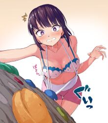 blue_bra blush bra breasts cleavage climbing climbing_wall clothes_pull embarrassed female from_above ishizaka_ryuudai iwakakeru!_sport_climbing_girls kasahara_konomi medium_breasts purple_eyes shirt_pull shorts tank_top underwear wardrobe_malfunction white_bra