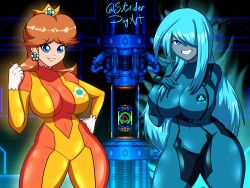 2girls blue_hair breasts brown_hair crossover dark_samus female female_only looking_at_viewer mario_(series) metroid nintendo princess_daisy striderdogart tagme white_skin zero_suit