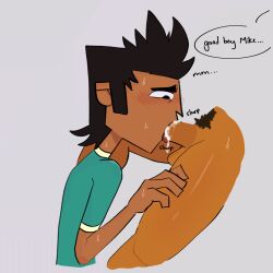 2boys alejandro_burromuerto_(tdi) alemike blowjob blush brown_hair clothed cum cum_in_mouth cum_inside dark-skinned_male gay gay_blowjob gay_sex male/male male_only mike_(tdi) sucking_penis sweat sweating total_drama_island