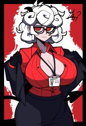 1girls big_breasts black_jacket breasts button_down_shirt button_gap curly_hair demon demon_girl demon_tail glasses gloves helltaker horn horns large_breasts looking_at_viewer open_shirt pandemonica_(helltaker) red_eyes red_shirt simple_background skirt suit thieviusa tired tired_eyes white_hair