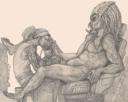 2boys alien alien/human bigger_version_at_the_source chair claws clothed clothing dreadlocks duo gay greyscale headband human interspecies lurelin lurelin_(artist) male male_only mammal mandibles monochrome nude pencil_(artwork) penis penis_tattoo predator_(franchise) size_difference tattoo traditional_media_(artwork) tusks yautja