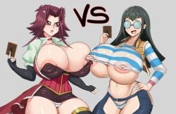 2girls akiza_izinski areola areolae big_breasts bimbo black_hair blush breasts brown_eyes card carly_carmine carly_nagisa erect_nipples exposed_breasts female gigantic_breasts glasses huge_breasts izayoi_aki large_breasts nipples panties red_hair replictica serious smile underwear yu-gi-oh! yu-gi-oh!_5d's