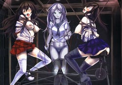 3girls ahe_gao akagi_(kantai_collection) ass bondage breasts dildo femdom femsub forced_orgasm highres japanese_text kaga_(kantai_collection) kantai_collection monikano multiple_girls multiple_subs nipples no_bra no_panties open_clothes open_shirt panties predicament_bondage pussy_juice school_uniform shinkaisei-kan ta-class_battleship text thighhighs translated underwear