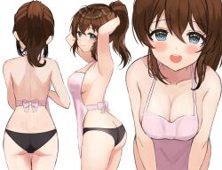 :d absurdres apron armpits arms_behind_head ass bare_arms bare_shoulders black_panties blue_eyes blush breasts brown_hair cleavage closed_mouth collarbone cowboy_shot dot_nose eyelashes female from_behind from_side hair_between_eyes highres idolmaster idolmaster_million_live! idolmaster_million_live!_theater_days large_breasts leaning_forward long_hair looking_at_viewer multiple_views nearly_naked_apron open_mouth panties pink_apron ponytail satake_minako sidelocks simple_background smile teeth twin_burst underwear upper_teeth_only waist_ribbon white_background