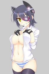 :d black_legwear blue_panties blush breast_suppress breasts cameltoe cleavage cowboy_shot eye_patch female female_only gloves grey_background grey_hair grin headgear kantai_collection looking_at_viewer nagamon navel no_bra open_clothes open_mouth open_shirt panties parted_lips purple_hair short_hair smile solo standing striped striped_panties tenryuu_(kantai_collection) thighhighs underwear yellow_eyes