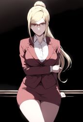 1girls ai_generated akiyama_kaede big_breasts blonde_hair breasts breasts brown_eyes female female_only glasses kengan_(series) kengan_ashura legs light-skinned_female light_skin novelai pale-skinned_female pale_skin ponytail red_clothing smile solo solo_female thighs white_shirt white_skin