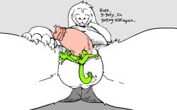 anthro asriel_dreemurr balls bodily_fluids dialogue duo foreskin gakuseigitsune genital_fluids genitals long_foreskin macro male male/male micro nude penis precum undertale undertale_(series)