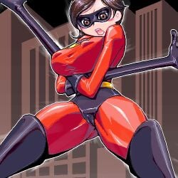 blush boots breast_hold breasts brown_hair cameltoe costume covered_nipples crossed_arms elasticity elastigirl female flexible gloves helen_parr huge_breasts latex latex_gloves lowres mask matagitii oekaki short_hair solo stretched_limb superhero_costume the_incredibles thigh_boots thighhighs