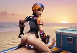 1boy 1girls ai_generated beach cowgirl_position mandalorian_armor outdoors outside sabine_wren star_wars star_wars_rebels vagina vaginal_penetration vaginal_penetration vaginal_sex