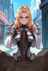 ai_generated angry big_penis blue_eyes blue_hair dark-skinned_male dark_penis justgens league_of_legends light-skinned_female luxanna_crownguard male penis pov