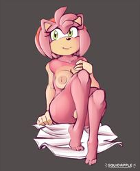 amy_rose anthro barefoot beige_skin breasts feet female female_only front_view fur furry green_eyes hedgehog nipples nude pink_fur sitting solo sonic_(series) squidapple towel