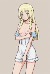 1girls blonde_hair blush breasts breasts_out clothes_pull collarbone cowboy_shot creatures_(company) dress dress_pull exposed exposed_breasts female freckles game_freak green_eyes hi_res lillie_(pokemon) long_hair looking_at_viewer nintendo nipples paid_reward_available petite pinup pokemon pokemon_sm sidelocks simple_background small_breasts smile solo standing topless vynx