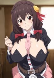 ai_generated big_breasts black_hair braided_hair hair_ornament hairbow huge_breasts kono_subarashii_sekai_ni_shukufuku_wo! large_breasts light-skinned_female light_skin looking_at_viewer red_eyes smiling solo_female tofuro yunyun_(konosuba)