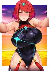 1girls beach big_breasts hug_invitation huge_breasts looking_at_viewer nintendo one-piece_swimsuit pyra red_hair satoriwappa short_hair sunset swimsuit wet xenoblade_(series) xenoblade_chronicles_2