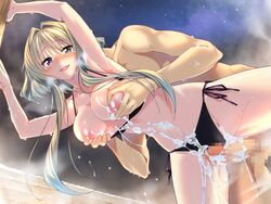 amakano areolae armpits bent_over bikini blonde_hair blush breast_grab breasts censored cum cum_in_pussy cum_on_breasts cum_on_lower_body cum_on_upper_body female from_below game_cg highres huge_breasts kanbayashi_mizuki legs long_hair looking_at_viewer navel night nipples open_mouth penis piromizu purple_eyes sky stars steam sweat thighs