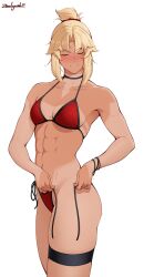 1girls abs artist_signature bikini blonde_hair blush eyes_closed fate/grand_order fate_(series) light-skinned_female light_skin mordred_(fate) mordred_(swimsuit_rider) muscular muscular_female small_breasts solo string_bikini swimsuit tanline zealyush