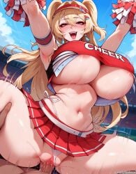 1boy 1girls ai_generated areola_slip armpits arms_up balecxi blonde_hair cheering cheerleader cheerleader_outfit cheerleader_uniform clay_(nikke) cowgirl_position crop_top exhibitionism from_below goddess_of_victory:_nikke huge_breasts large_breasts looking_at_viewer open_mouth panties panties_aside penis pink_eyes public public_sex pussy sex skirt smile underboob vaginal_penetration vaginal_sex