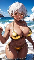 ai_generated big_breasts bikini curvy curvy_figure dark_skin hips original_character shiny_skin stable_diffusion thick_thighs white_hair xceed yellow_eyes