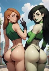 2girls ai_generated alejogarios ass ass_focus black_hair butt curvaceous curvaceous_body curves curvy curvy_body curvy_female curvy_figure disney disney_channel double_ass_focus exposed_ass exposed_butt female female_only ginger_hair green_eyes hand_on_butt hourglass_figure kim_possible kimberly_ann_possible light-skinned_female light_skin orange_hair outside pale-skinned_female peace_sign red_hair redhead rivals shego thong voluptuous voluptuous_female woman