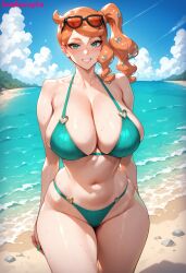 1girls ai_generated beach big_breasts bikini bikini_bottom bikini_top bombacopta breasts cleavage cleavage_overflow glasses green_bikini green_eyes large_breasts orange_hair pokemon smile sonia_(pokemon) thick thick_thighs