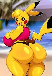 ai_generated anthro anthrofied ass beach big_breasts big_butt breasts cleft_tail clothed clothing curvy_figure female generation_1_pokemon hellsonger hi_res huge_breasts huge_butt kanna_(joaoppereiraus) looking_at_viewer looking_back mammal nintendo open_mouth pichu pikachu pokemon pokemon_(species) pokemorph rear_view rodent seaside smile solo thick_thighs underwear voluptuous wide_hips yellow_body