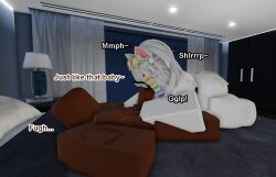 1boy 1girls 3d artist_request ass bed bedroom blowjob cat_ears cat_girl catgirl cum_on_ass dark-skinned_male dark_skin fellatio female furry mal_(character) male male_on_female roblox roblox_avatar robloxian source_request sucking tagme white_fur white_hair white_skin