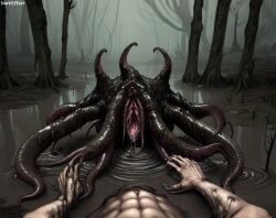 1boy 1girls ai_generated creature darkeffect dicksucking_creature female interspecies light-skinned_male male monster mud muscular muscular_male nightmare_fuel pond pussy pussy_mouth swamp tentacle tentacle_monster tentacles teratophilia trees unknown_species